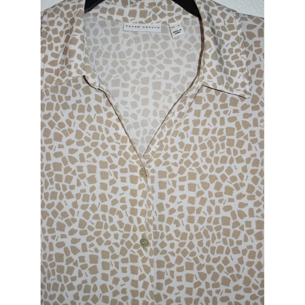 Susan Graver XL Stretch Blouse Button Front Mosaic Print 3/4 Sleeve Tan White - Picture 14 of 16
